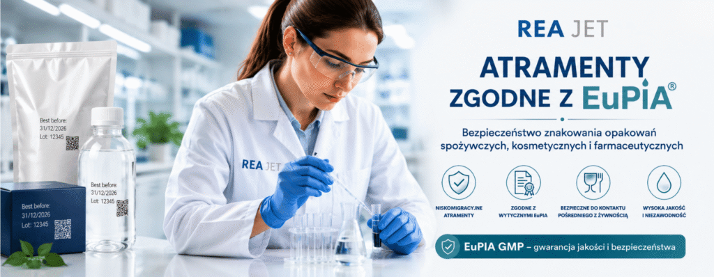 Butelki z bezpiecznymi atramentami Rea Jet zgodnymi z EuPIA, przeznaczonymi do znakowania opakowań żywności i leków.