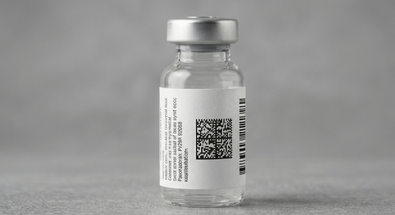 Zbliżenie na nadrukowany kod dwuwymiarowy DataMatrix systemu Chestny Znak na jednostkowym opakowaniu produktu
