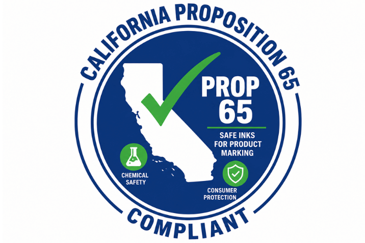 California Proposition 65 wymagania Grafika przedstawiająca zgodność z California Proposition 65 w zakresie bezpiecznych atramentów do znakowania produktów i opakowań.