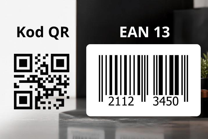 Grafika przedstawiająca kod QR oraz kod kreskowy EAN-13 obok siebie, ilustrująca różnice między kodami 2D i 1D stosowanymi do identyfikacji produktów.