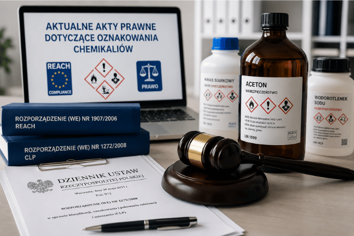 Butelki z substancjami chemicznymi oznakowane etykietami GHS i CLP obok dokumentów prawnych REACH oraz rozporządzenia CLP, ilustrujące zgodne z przepisami znakowanie przy użyciu drukarki REA LABEL ColorJet.