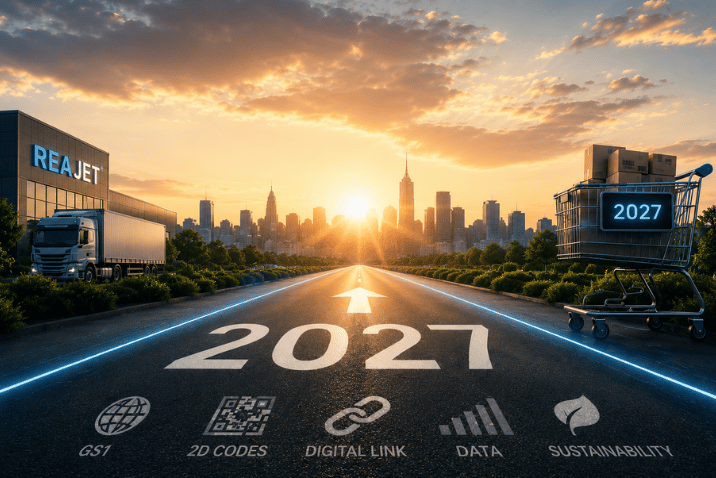 Grafika przedstawiająca drogę prowadzącą do roku 2027 z motywami logistyki, handlu i cyfrowej transformacji, symbolizująca przygotowanie firm do wdrożenia inicjatywy GS1 Sunrise 2027 i standardu GS1 Digital Link.