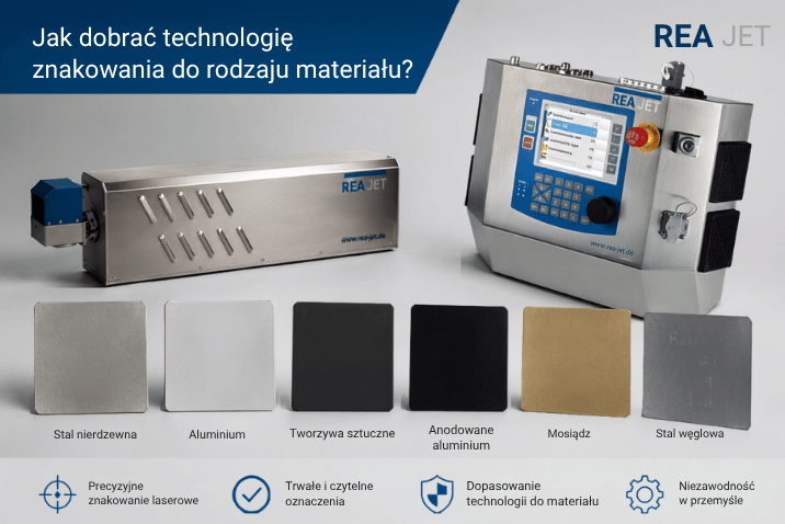 Jak dobrać technologię znakowania do rodzaju materiału Znakowarka laserowa REA JET znakująca stal nierdzewną, aluminium, tworzywa sztuczne, mosiądz i inne materiały przemysłowe trwałymi oznaczeniami.