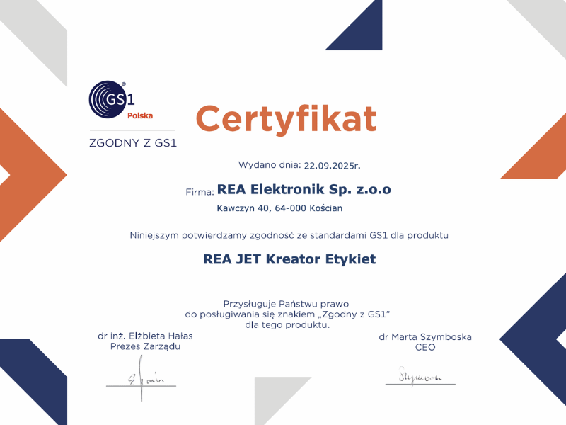 Certyfikat GS1 potwierdzający zgodność programu REA LABEL Creator ze standardami GS1 do generowania kodów QR i kodów kreskowych
