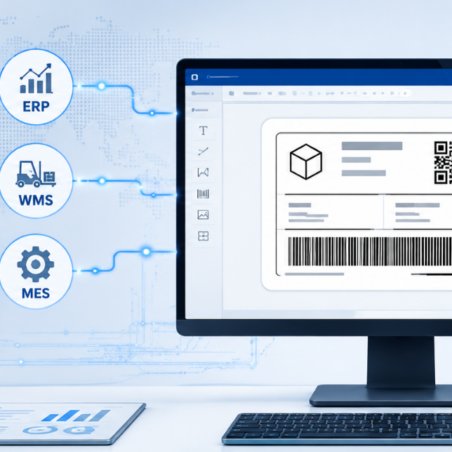 Integracja systemu projektowania etykiet z ERP, WMS i MES oraz automatyczne przekazywanie danych do wydruku.