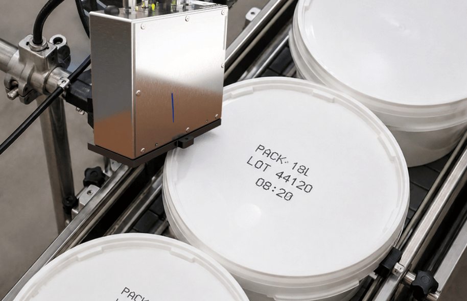 System przemysłowy nanoszący numer LOT i dane produkcyjne na pokrywę białego plastikowego wiadra