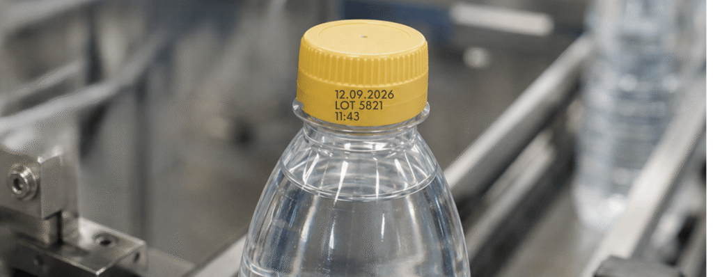 Żółta plastikowa zakrętka butelki z nadrukowaną datą, numerem LOT i godziną