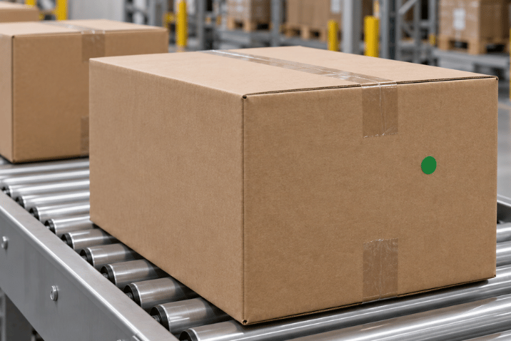 Zielone oznaczenie OK na kartonie po kontroli jakości na linii produkcyjnej
