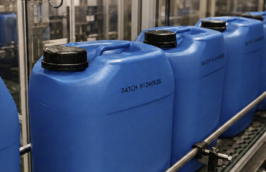 Niebieskie plastikowe kanistry na linii produkcyjnej z nadrukowanym numerem partii BATCH