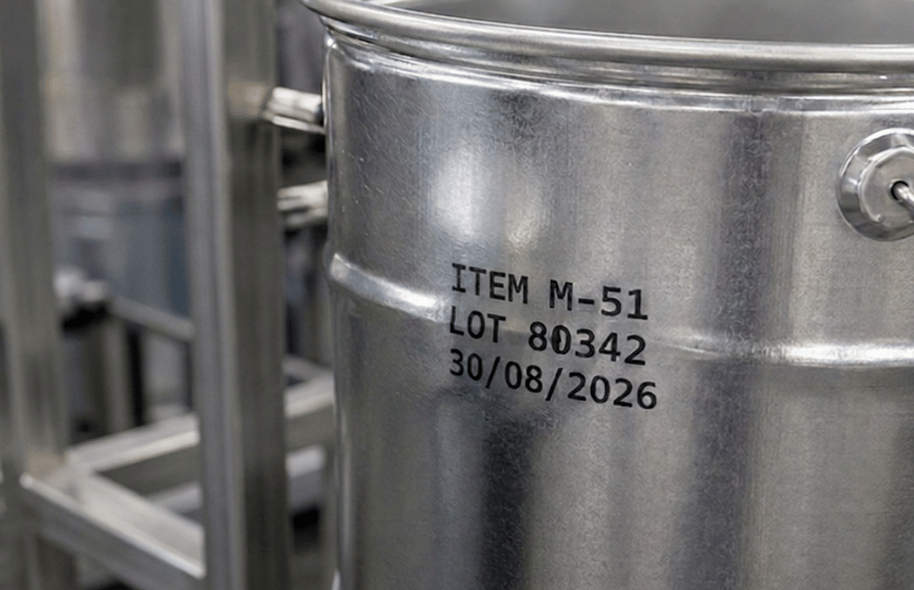 Metalowe wiadro z nadrukowanym numerem produktu, numerem LOT i datą produkcji