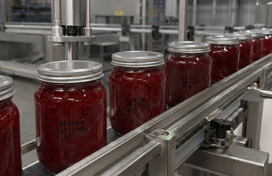 Słoiki na linii produkcyjnej z nadrukowanym numerem LOT, datą ważności i godziną bezpośrednio na szkle