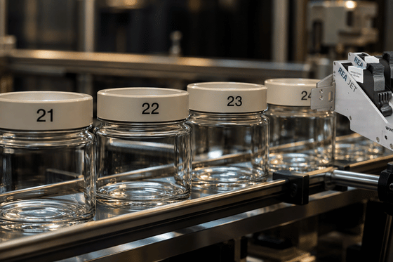 Szklane słoiki z białymi pokrywkami oznaczone numerami 21, 22, 23 i 24 na linii produkcyjnej