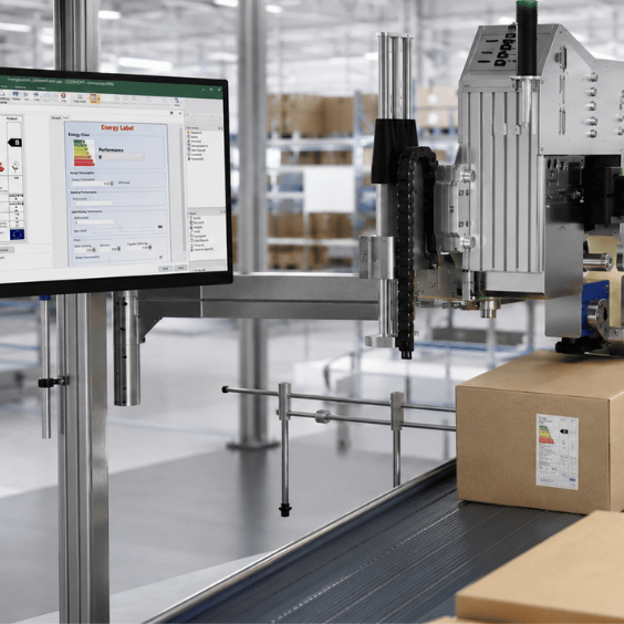 CODESOFT Pro na monitorze oraz system Print & Apply REA LABEL na linii produkcyjnej do etykietowania kartonów.