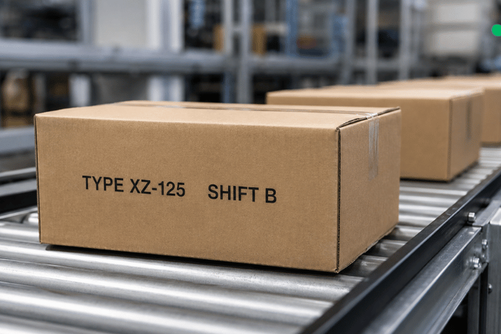 Oznaczenie typu produktu i zmiany produkcyjnej nadrukowane na kartonie