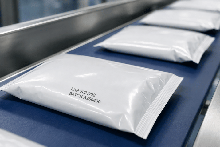 Data ważności EXP i numer partii BATCH nadrukowane na białym opakowaniu foliowym