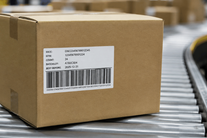Karton transportowy z etykietą logistyczną SSCC, GTIN i kodem GS1-128