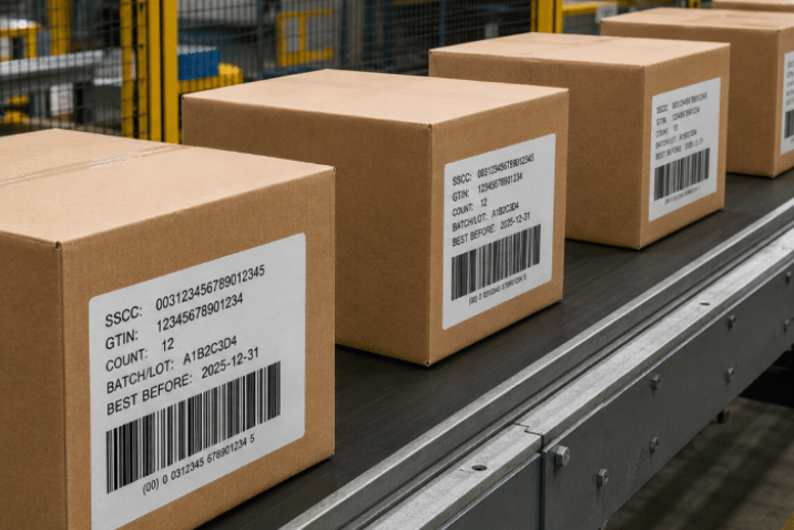 Kartony zbiorcze z indywidualnymi etykietami SSCC na automatycznej linii produkcyjnej