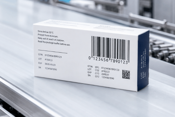 Kartonowe opakowanie z GTIN, numerem LOT, kodem kreskowym i Data Matrix