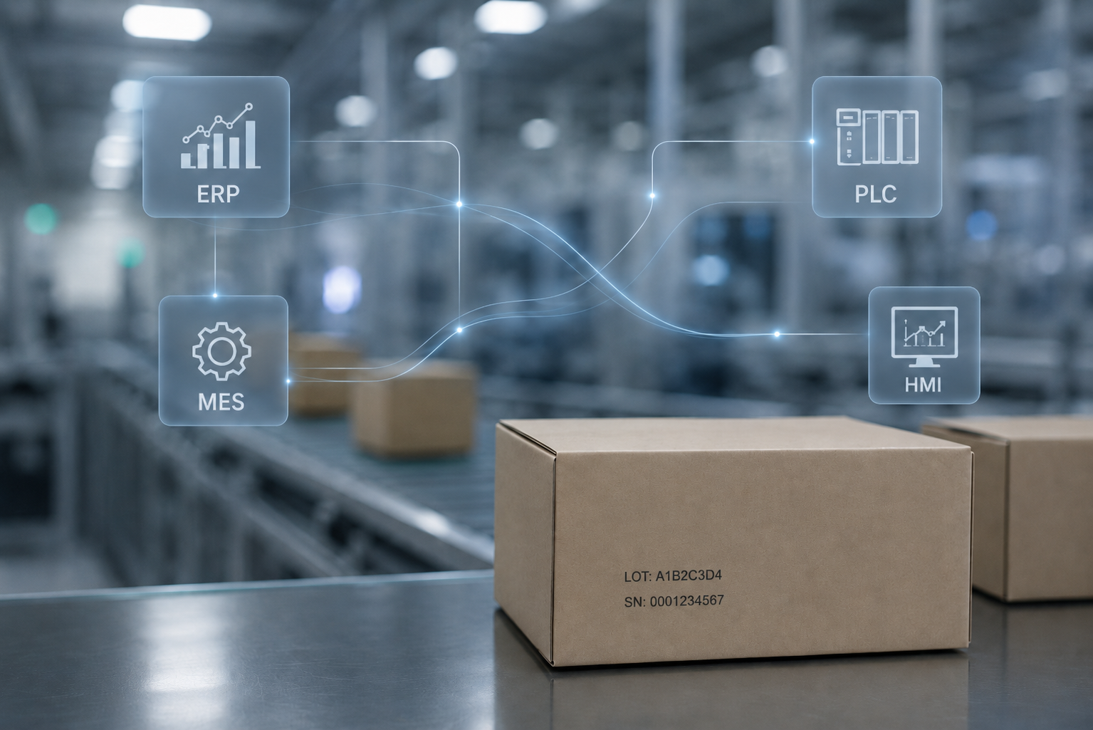 Integracja ERP MES PLC i HMI z danymi produkcyjnymi na linii przemysłowej