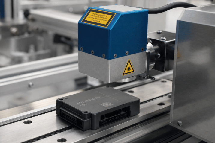 Laser znakujący czarną obudowę komponentu elektronicznego kodem Data Matrix