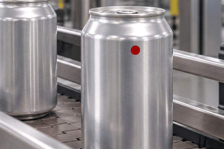 Czerwone oznaczenie NOK na aluminiowej puszce po kontroli jakości