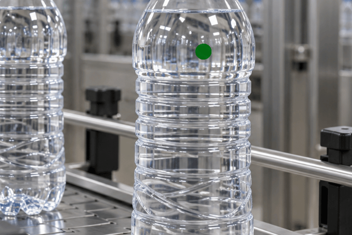 Zielone oznaczenie OK na butelce PET po kontroli jakości na linii produkcyjnej
