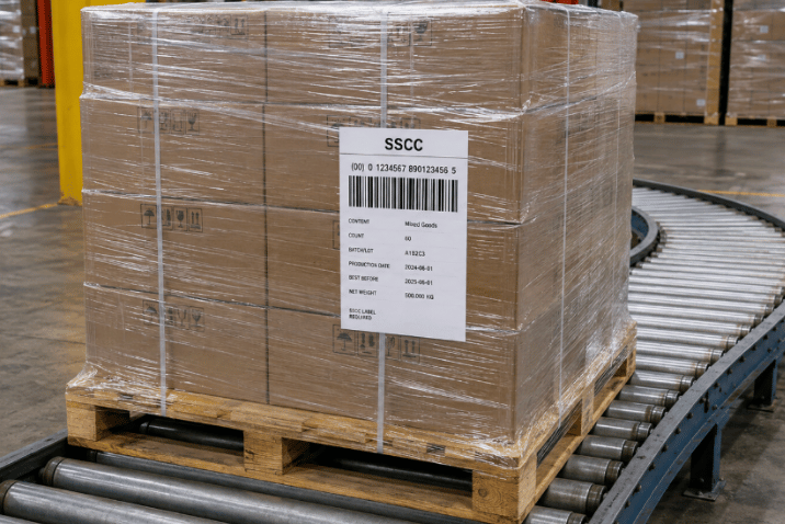 Paleta z kartonami oznaczona etykietą logistyczną SSCC i kodem GS1-128