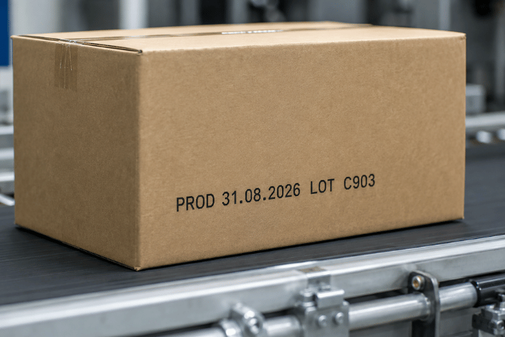 Karton z nadrukowaną datą produkcji i numerem partii LOT na linii produkcyjnej