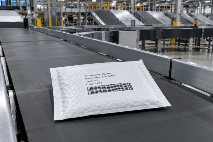 Biała koperta bąbelkowa z kodem kreskowym i danymi logistycznymi na linii produkcyjnej