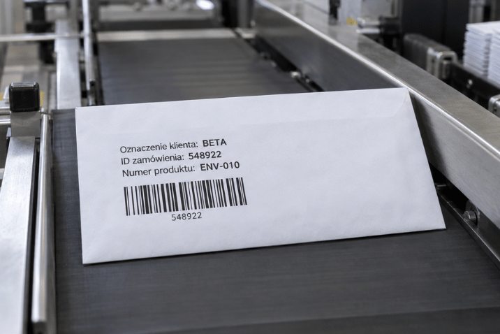 Biała koperta papierowa z kodem klienta, numerem zamówienia i kodem kreskowym