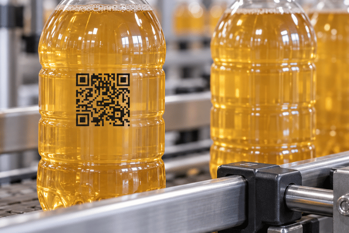 Kod QR nadrukowany na plastikowej butelce na linii produkcyjnej