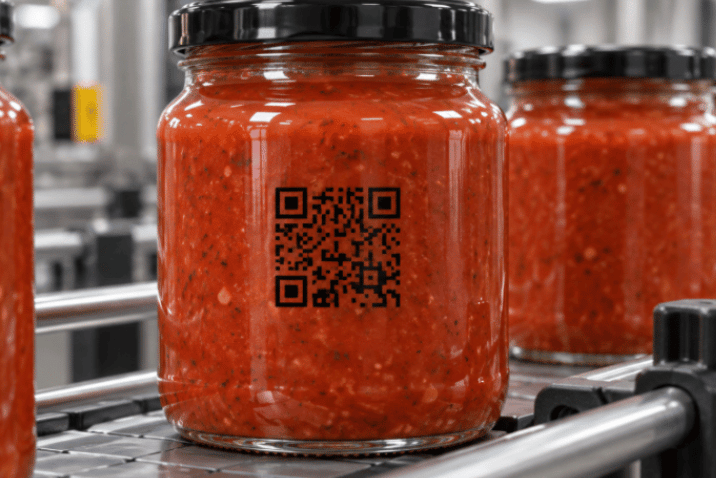 Kod QR nadrukowany na szklanym słoiku na linii produkcyjnej
