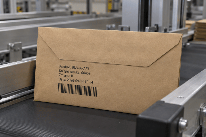 Koperta kraft z numerem produktu, datą i kodem kreskowym na linii produkcyjnej