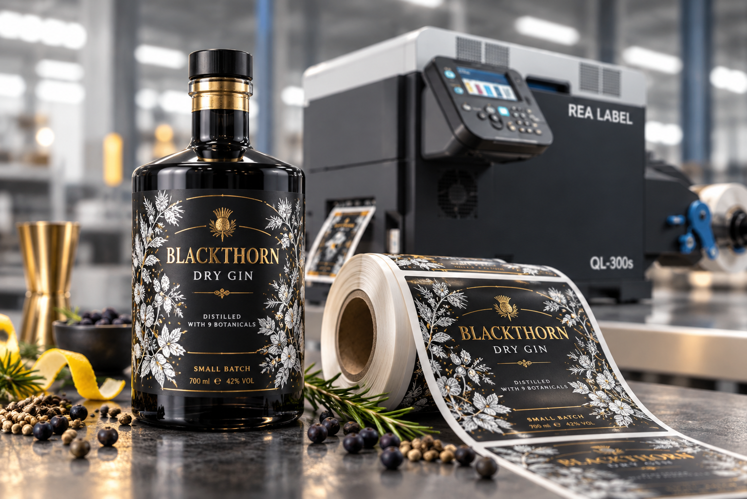 Drukarka REA LABEL QL-300s oraz czarne etykiety premium z białymi ornamentami na butelki.
