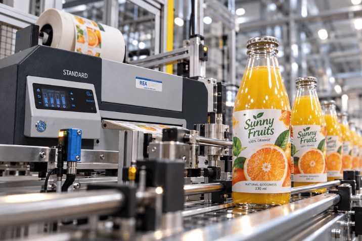 Drukarka kolorowych etykiet REA LABEL przy linii produkcyjnej z butelkami soku pomarańczowego.