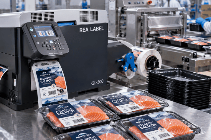 Drukarka REA LABEL QL-300 drukująca kolorowe etykiety produktowe na opakowania łososia.