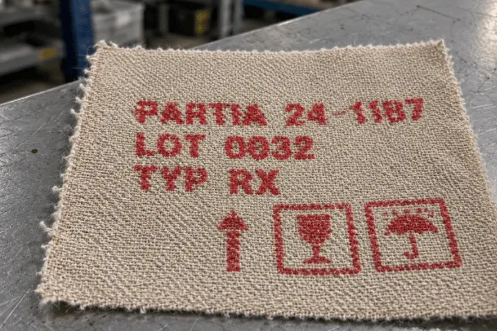 Czerwony nadruk numeru partii, numeru LOT i symboli produkcyjnych na jasnej tkaninie technicznej.