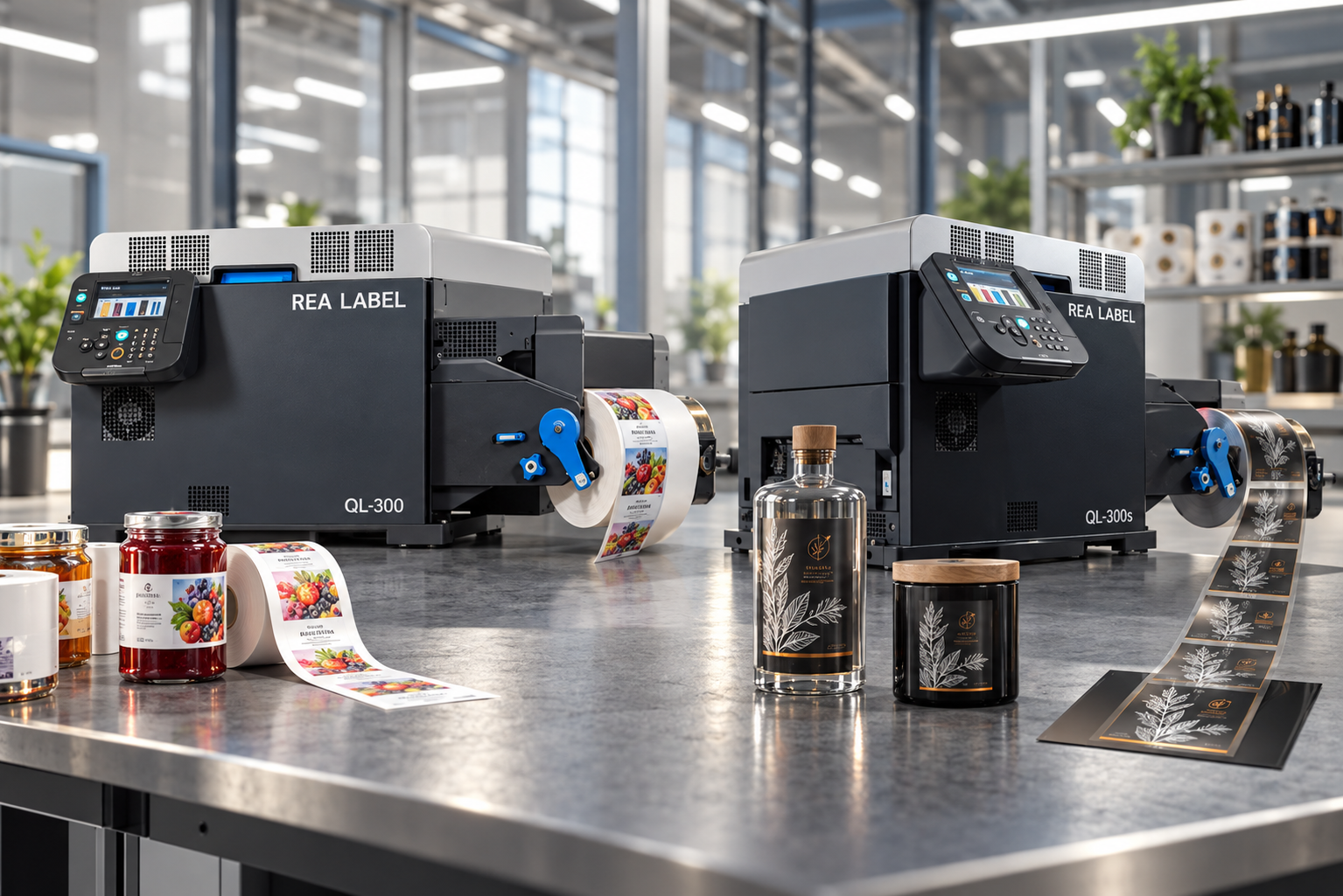 Porównanie drukarek REA LABEL QL-300 CMYK i QL-300s CMYK z białym tonerem oraz przykładowych etykiet.